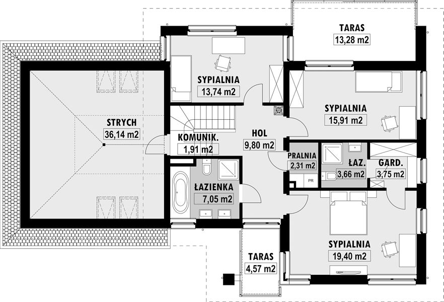 План 2 или мансардного этажа дома SN-6955-16 План дома SN-6955-16